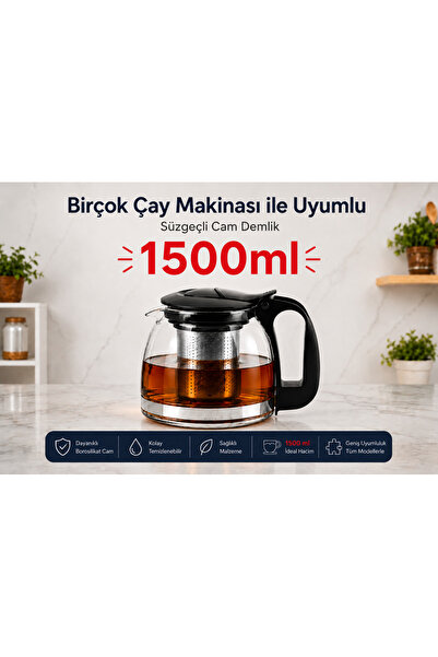 Kitchen Line Heat-Resistant Black Color Glass Teapot with Strainer – Transpar...