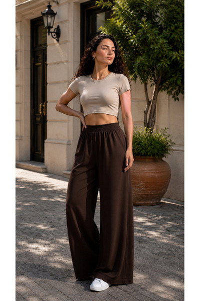 LY LEYO TEKSTİL Women's Wide-Legged Pants with Elastic Waist and Without Pockets
