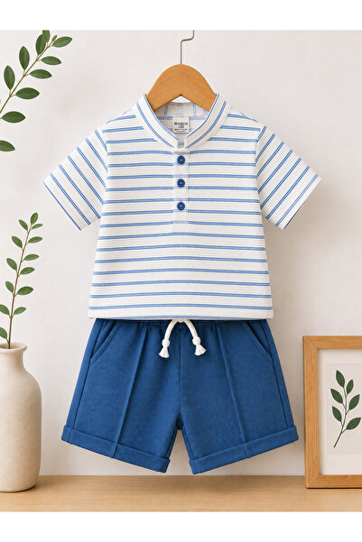 CQCQ White Striped Buttoned Waffle Fabric Boys' Summer Suit
