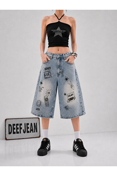DEEFWEAR Y2K Printed Baggy Jean Shorts Bermuda/Shorts