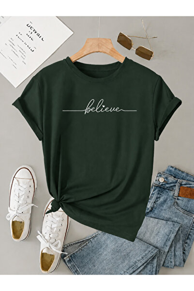 Trend Sizde Tricou unisex verde cu imprimeu Believe, cu gâtul tip crew neck
