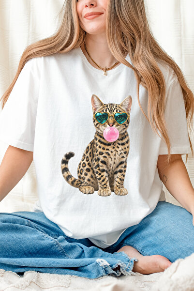 Auryne Jewelry Women's Cat Gum Print T-Shirt 100% Organic Cotton Crew Neck Co...