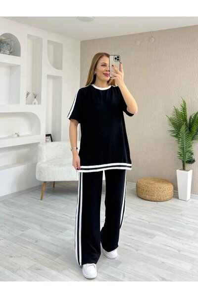 Wear Up Women's Short Sleeve Crew Neck Double Color Stripe Detailed Viscose T...