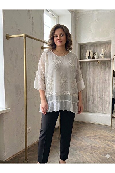 AYASOFYA OTANTIK Women's Italian Sequin Detailed Embossed Embroidered Mesh Ov...