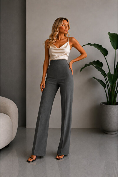 kikiriktekstil 10799 Pantaloni de damă cu talie înaltă, model Palazzo, cu det...