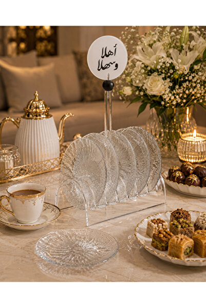 Dania مجموعة أطباق حلويات زجاجية شفافة مع حامل أكريليك فاخر – 6 قطع بتصميم را...