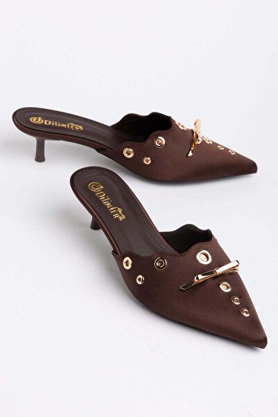 Dilimler Ayakkabı Women's Thin Heeled Slippers Brown Closed Toe with Pointed ...