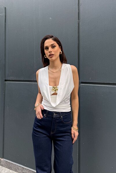 Butik kadın drapeli bluz, sırt dekolteli, taş detaylı, slim fit, şık gece ve ...