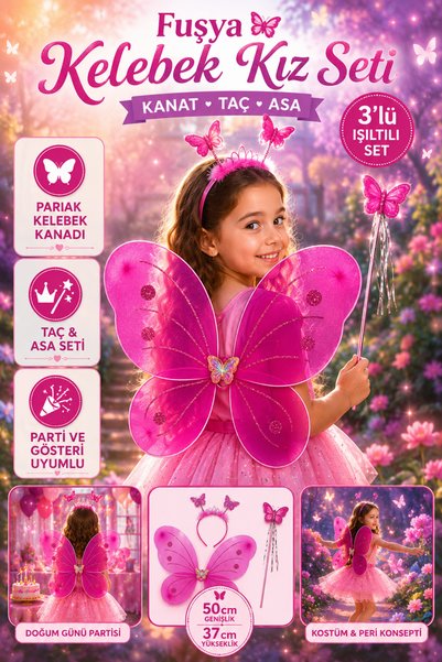 Tamsena Store Fuşya Kelebek Kanatlı Kız Kostüm Seti Taç Asa Parti Doğum Günü ...