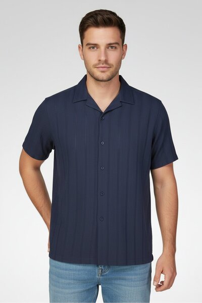 CELIO Men Regular Fit Textured Short Sleeve Casual Shirt, Slate Blue