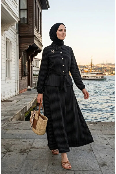 sefamerve Striped Brooch Belted Double Suit 0280-04 Black