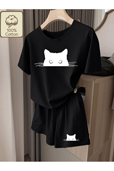 one button Cute cat print women's premium oversized top and bottom set - t-sh...