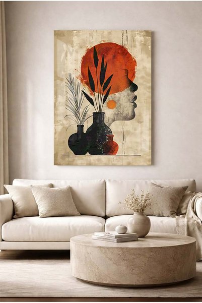 Zevahir Mobilya Dekorasyon Boho Style Decorative Tempered Glass Painting with Female Silhouette and Antique Vase - Painting for Work, Home and School