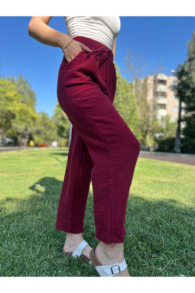 cesita Pantaloni de damă din țesătură muselină, 100% bumbac, burgundy