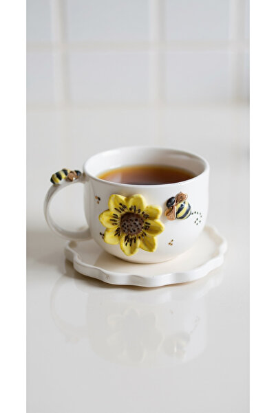 EL YAPIMI 24k Altın Ayçiçeği ve Vız Vız Arı Temalı Seramik Mug