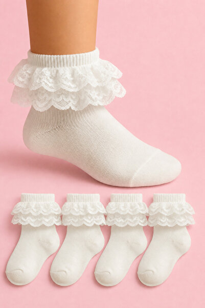 ZENGİN 4 Pack Girls' Lace Seamless Socks Set Soft Cotton