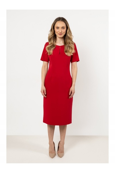 Awama Rochie midi A706, rosie, croiala mulata, decolteu tip barca, material p...