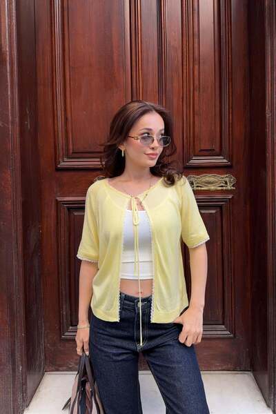 mylove Lace Ribbon Short Sleeve Knitwear Cardigan Yellow