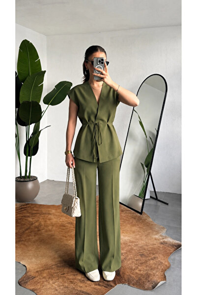 asfamoda Women's Khaki Buttoned Tie-Waist Vest and Pleated Palazzo Pants Set ...