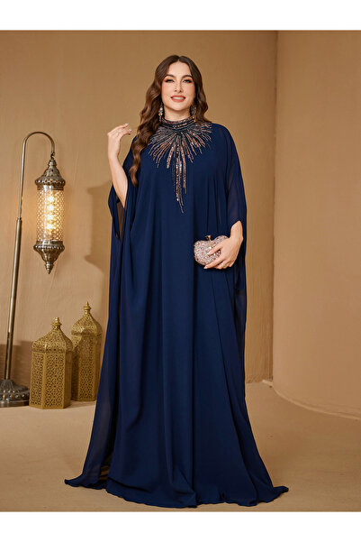 UNITHORSE Plus Size Navy Blue Embellished High Neck Kaftan