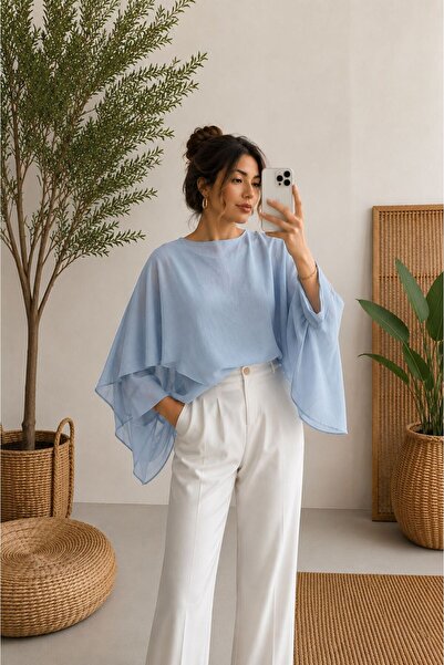 legends butik Kadın Yarasa Kol Keten Görünümlü Bluz – Oversize Kesim
