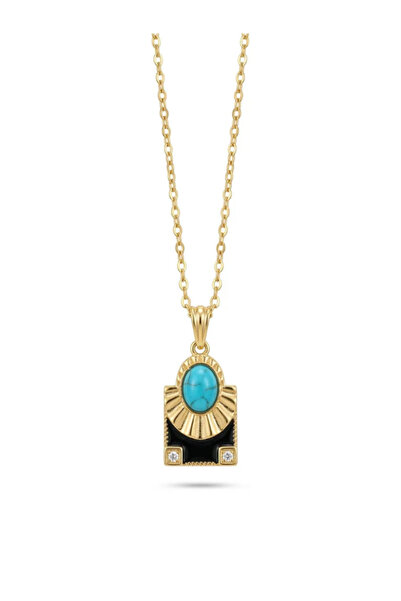 ZARİN JEWELS Çelik Siyah Mineli Turkuaz Taşlı Kolye