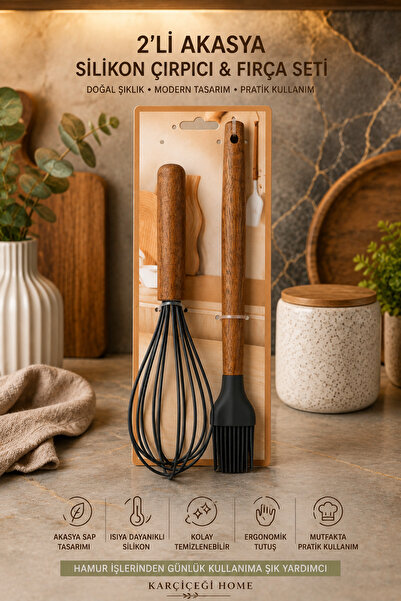 Karçiçeği Home 2-Piece Acacia Handle Silicone Whisk and Brush Set – Heat-Resi...