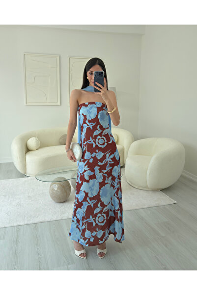 LUUNA STORE Blue Satin Strapless Dress with Scarf