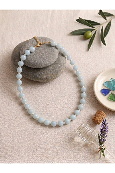la reyy jewerly Kadın Pastel Mavi Cam Boncuklu Kum Boncuk Detaylı Kolye