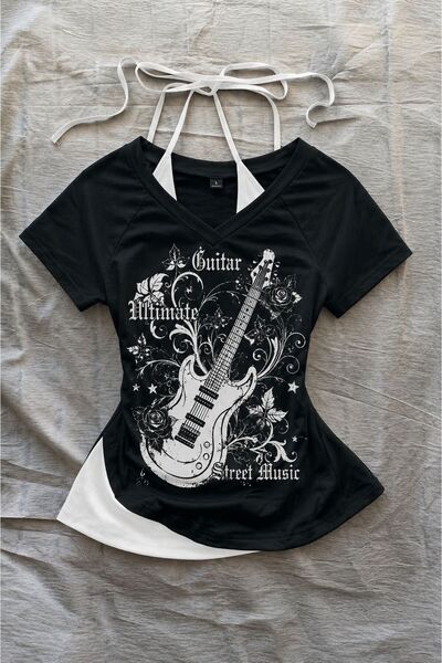 1blood Vintage Guitar Madonna Yaka Ek Askılı Gotik Y2K Kısa Kollu Full Body Crop