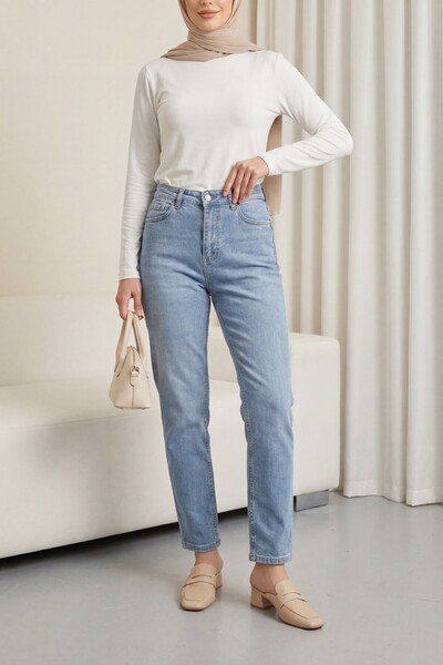 Modamorfo High Waist Straight Leg Jeans with Pockets - Ice Blue