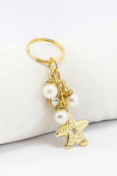 biuti Gold Colored Pearl and Single Stone Metal Star Keychain, Gift-Size Smal...