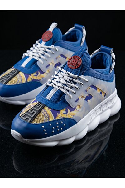 EXCLUSIVE STYLE Sneakers din piele ecologica - CHAIN / Albastru-Auriu