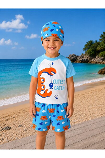 My Kids Wear Boys' Dinosaur Patterned Swim Shorts Set – 3 Piece Swimsuit Set ...