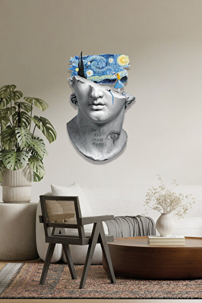 Vitraum Van Gogh Yıldızlı Gece ve Antik Bust Tasarım Metal Tablo