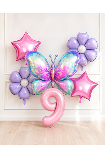 Balonsan Pink Lilac Themed Butterfly -9- Number Balloon Set