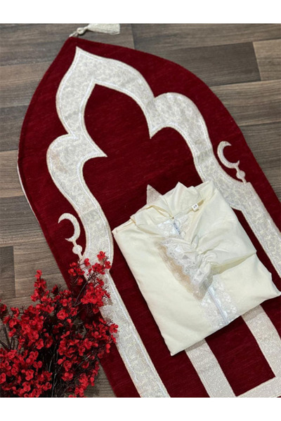 Generic Prayer Rug Set with Sheet in Burgundy and White Colors