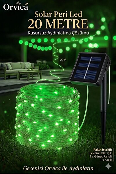 ORVİCA Güneş Enerjili Solar 20 Metre Peri Led Işık Yeşil Işık 200 Led 8 Mod D...