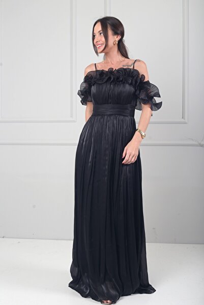 By Saygı Women's Chiffon Fabric Flounce Detailed Lined Long Dress