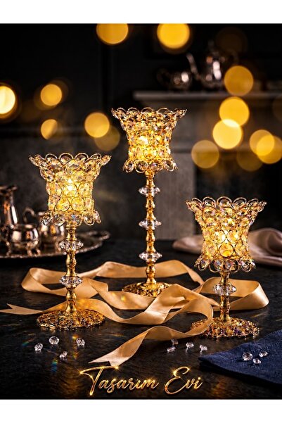 Tasarım Evi 3'lü Kristal Taşlı Gold Şamdan Ve Mumluk Seti - Lüks Ev Dekorasyonu
