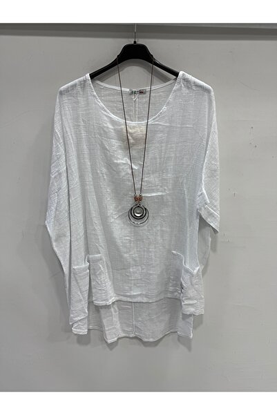 della moor White Italian Plus Size Asymmetrical Cut Long Blouse Tunic with Ne...