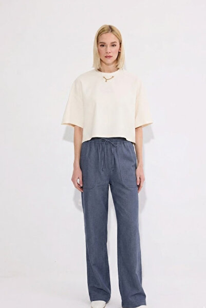 MATERIAL Women's Elastic Waist Wide Leg Smoked Linen Trousers