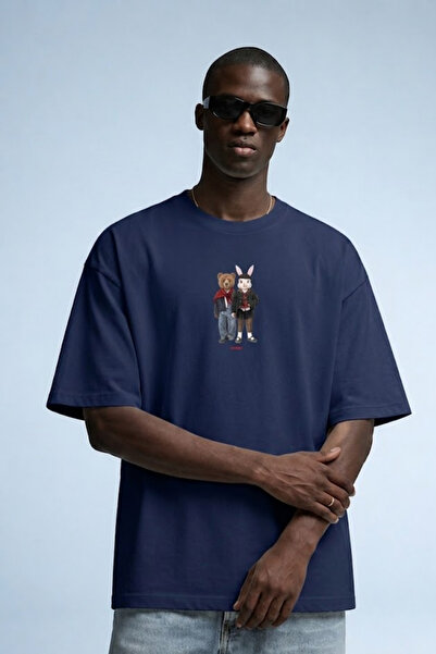 MATERIAL Men's Bear & Rabbit Printed Oversize Navy Blue T-Shirt