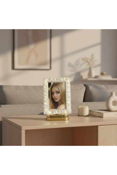 sanalbayim Dekoratif Işıklı Kristal Fotoğraf Çerçevesi Altın