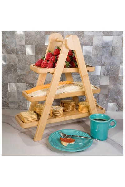 zorlo online store 3 tier serving tray, wooden display stand collapsible easy to store three tiered cupcake stand, rectangle serving platter multi-functional tiered tray for decor party organisers cheese board