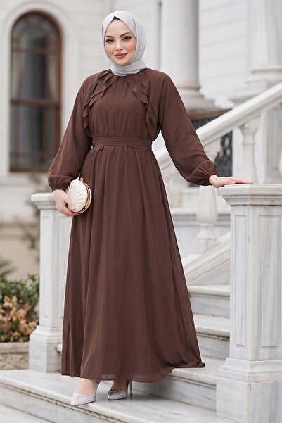 hafsamina Kuşaklı Beli Lastikli Modal Elbise Kahverengi HM2916