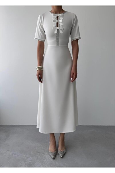 Caddebostan Moda Stylish Short Sleeve Evening and Event Dress with Stone Bow ...