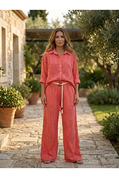 Punta Otantik Yg10175 Italian Laced Sequined Cotton Suit Coral