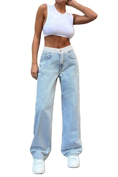 StreetWear Outlet Women's Jeans, Contrasting Waist, Straight Cut, Blue, 38 EU