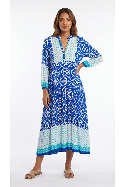 Şeker Portakalım Hakim Collar Front Buttoned Long Sleeve Bohemian Maxi Dress ...